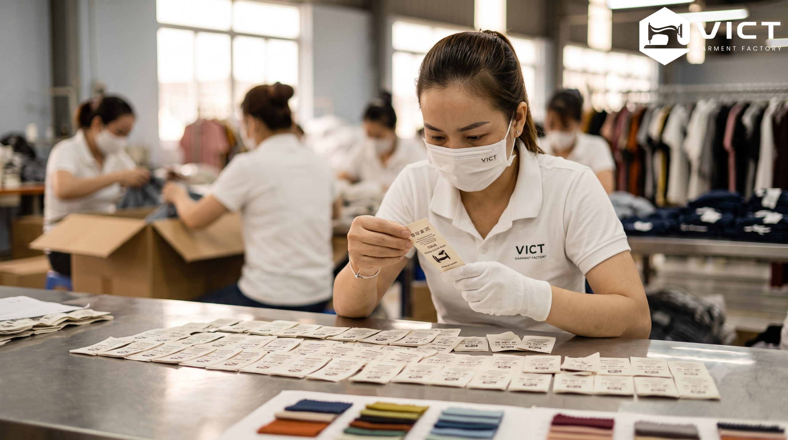 Kiểm soát chất lượng in tag quần áo trước khi đóng gói Kiểm soát chất lượng in tag quần áo trước khi đóng gói